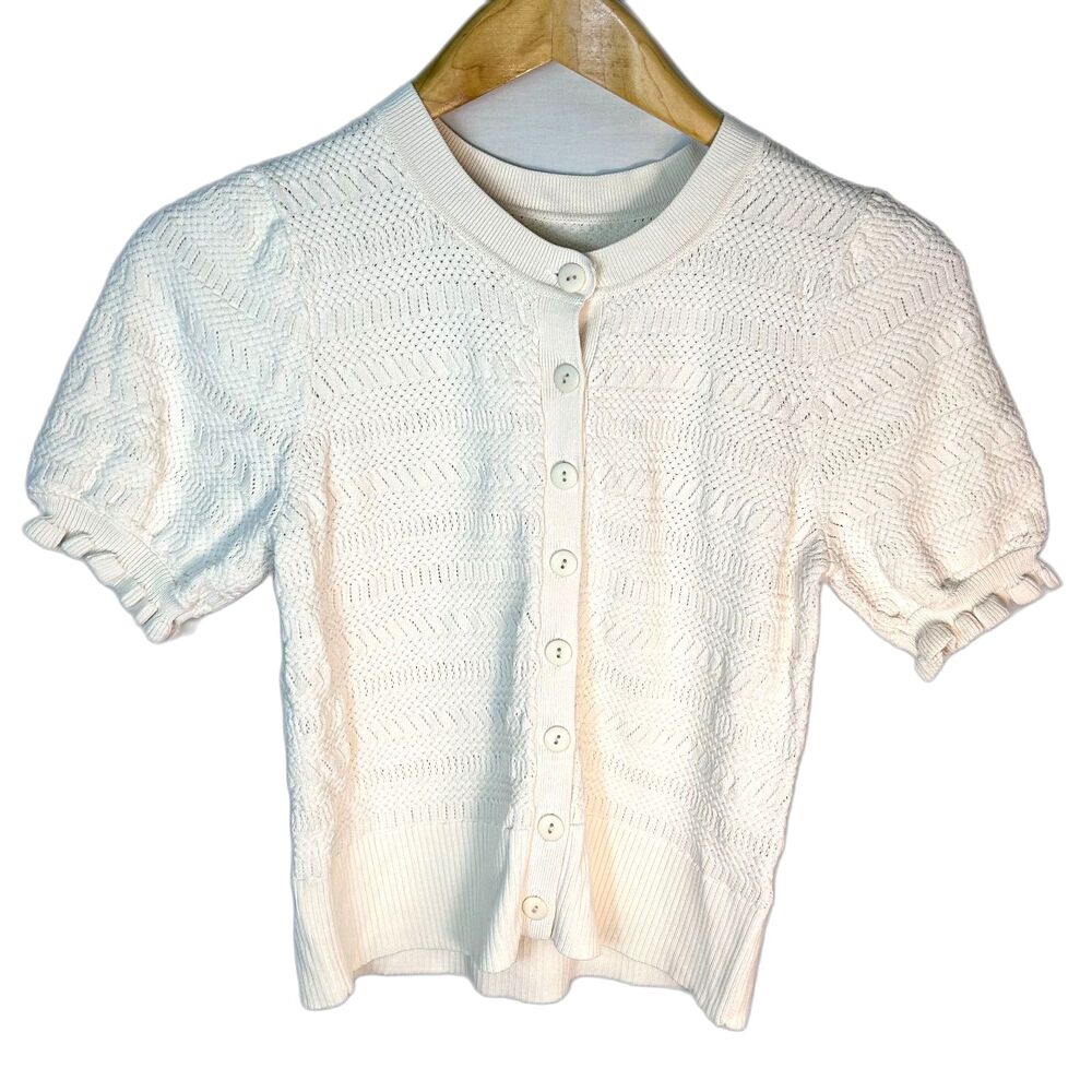 Habitual Nordstrom Ivory Pointelle Knit Short Sleeve Cardigan Sweater Size S - Picture 3 of 13